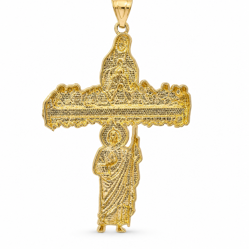 14KT Gold Charm Extra Large Two Tone Last Supper Cross with Virgin Mary and St Jude Center and Plain Bell