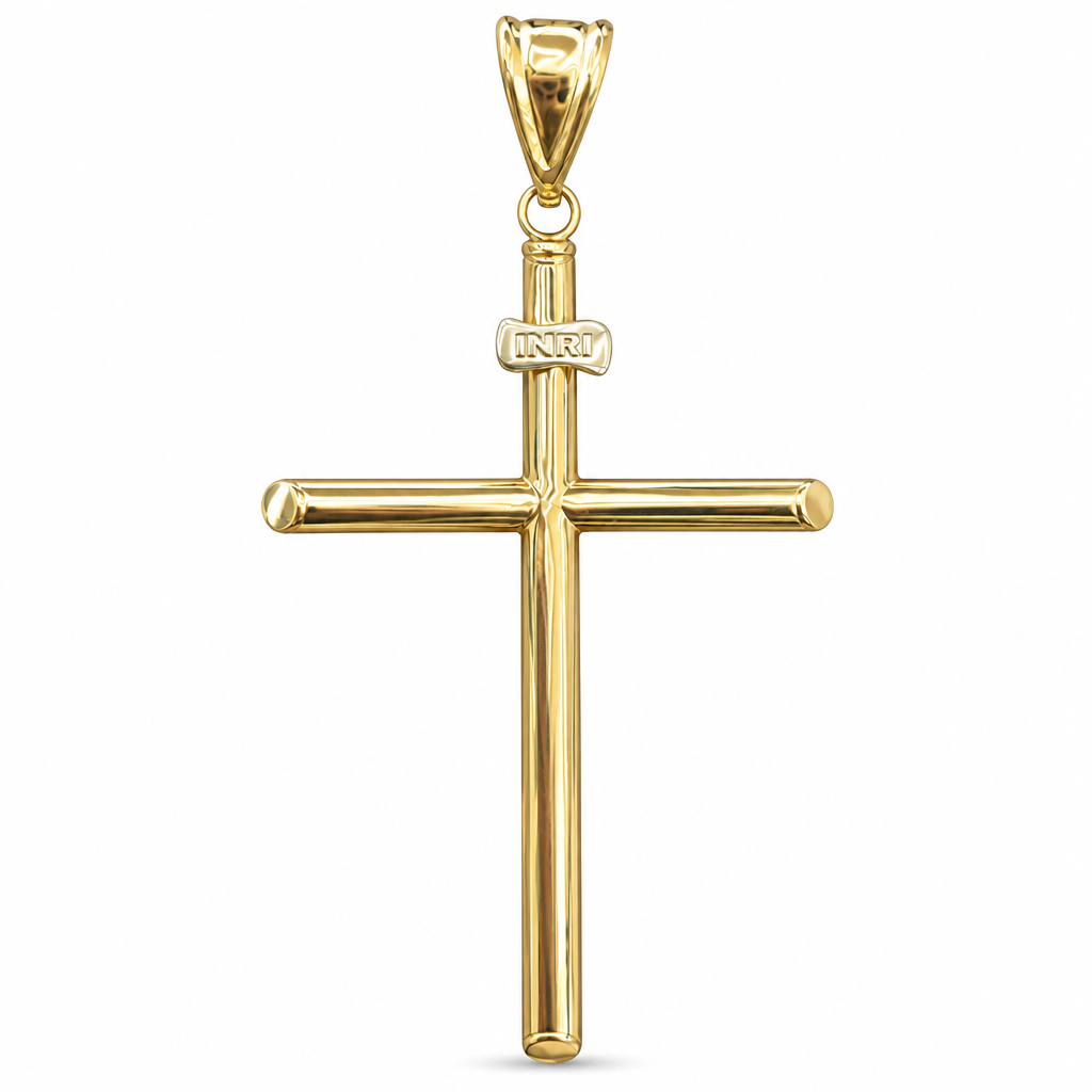 14KT Gold Charm 2XL Plain Hollow Tube Slant Ends Cross with Plain Bell ( White Gold INRI Banner)