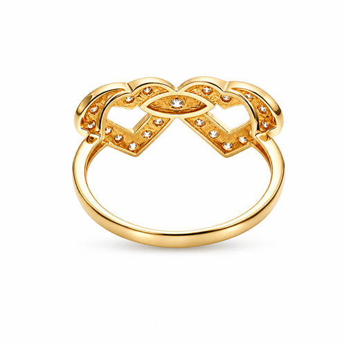 14KT Gold Ring Women's Double Open Heart with White CZ Stones Border and White CZ Stone Eye in Center of Hearts Plain Band