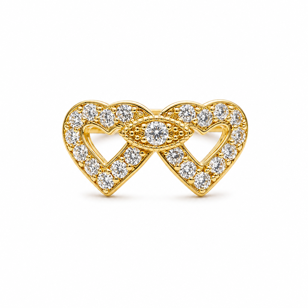 14KT Gold Ring Women's Double Open Heart with White CZ Stones Border and White CZ Stone Eye in Center of Hearts Plain Band