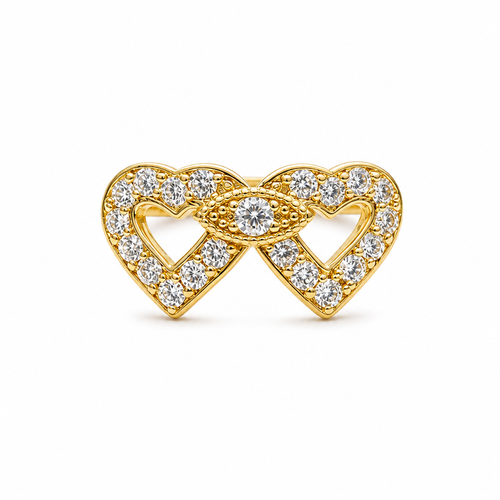 14KT Gold Ring Women's Double Open Heart with White CZ Stones Border and White CZ Stone Eye in Center of Hearts Plain Band