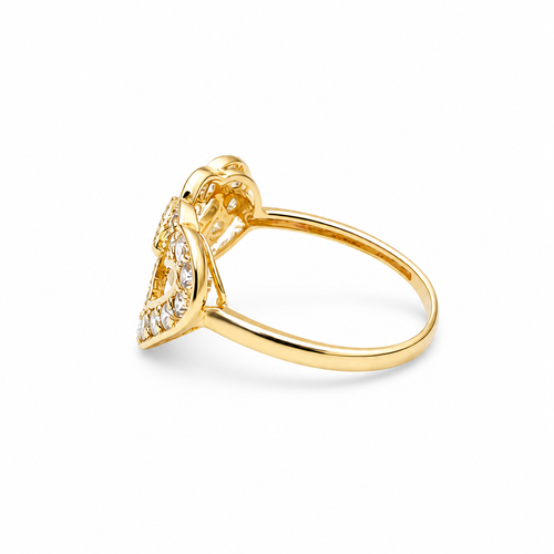 14KT Gold Ring Women's Double Open Heart with White CZ Stones Border and White CZ Stone Eye in Center of Hearts Plain Band