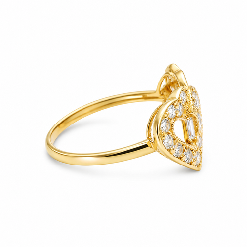 14KT Gold Ring Women's Double Open Heart with White CZ Stones Border and White CZ Stone Eye in Center of Hearts Plain Band