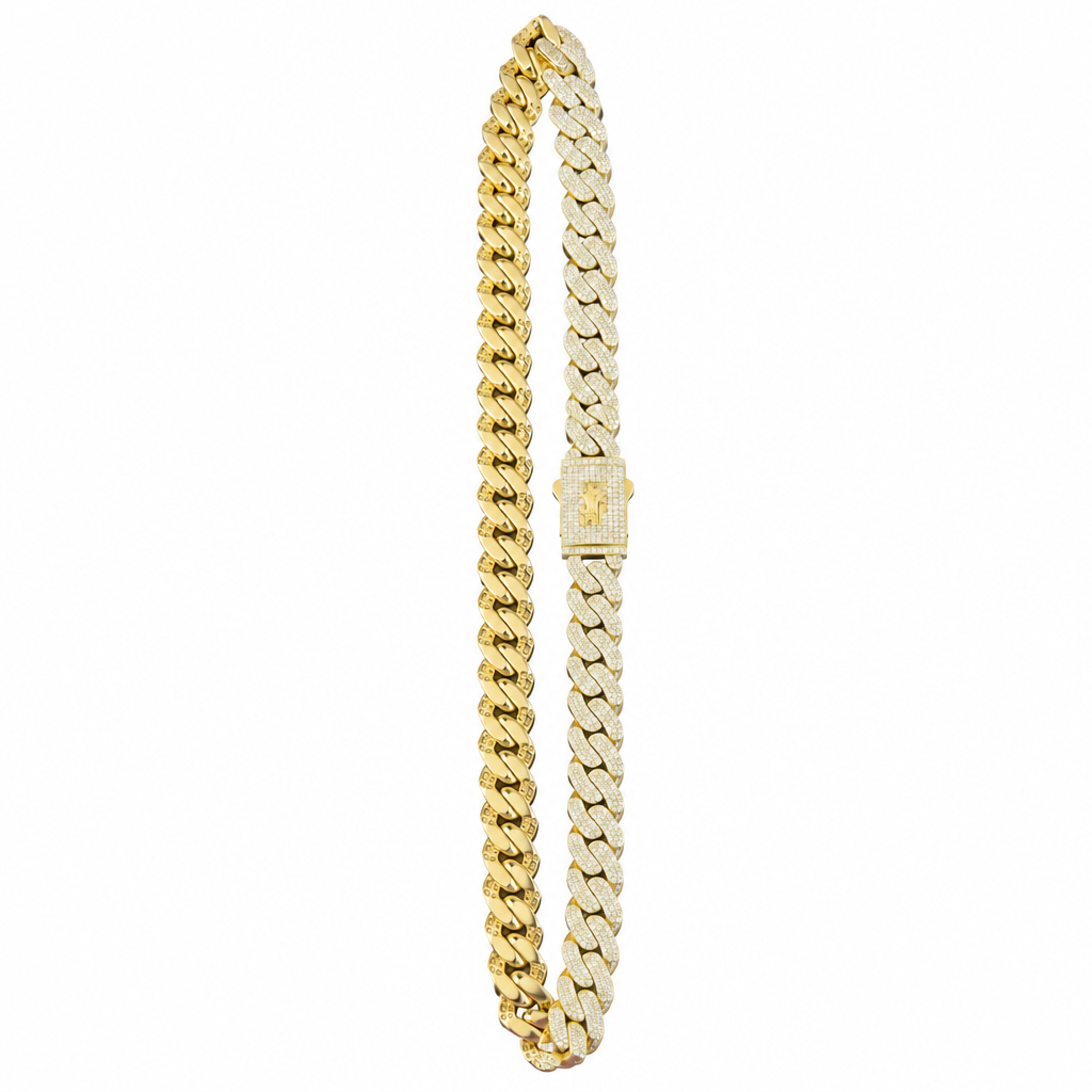 14KT Gold Chain Hollow White CZ Stones Crown Miami Links with Lion Shape Emblem on White CZ Stones Designer Clasp 11mm