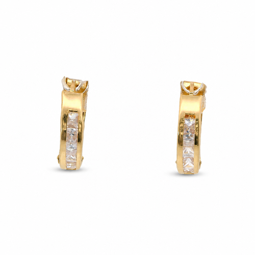 14KT Gold Earring Small White CZ Stones Single Row Hoops with Two Tone Color Block Diamond Cut Back Huggie