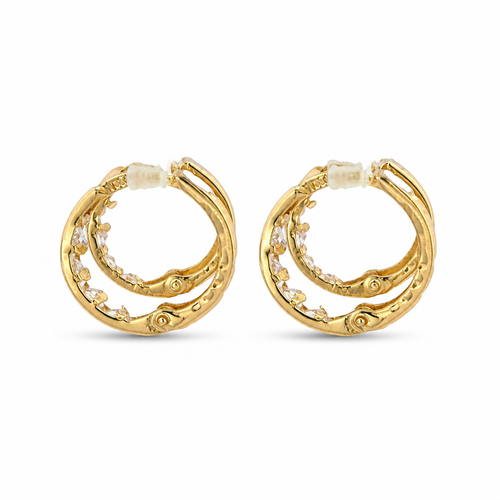14KT Gold Earring Small White CZ Stones Single Row Hoops with Two Tone Color Block Diamond Cut Back Huggie