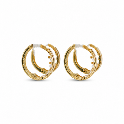 14KT Gold Earring Small White CZ Stones Single Row Hoops with Two Tone Color Block Diamond Cut Back Huggie