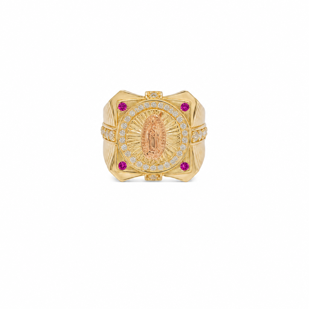 14KT Gold Ring Men's Two Tone Square Raised Virgin Mary with Sunray Background and Single Row White CZ Stone Border Corner Design One Red/Pink CZ Stone Band Design Four White CZ Stones Plain Border Stripe Etched Background