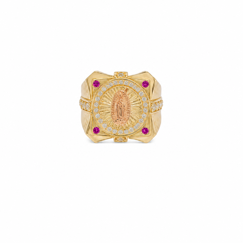 14KT Gold Ring Men's Two Tone Square Raised Virgin Mary with Sunray Background and Single Row White CZ Stone Border Corner Design One Red/Pink CZ Stone Band Design Four White CZ Stones Plain Border Stripe Etched Background