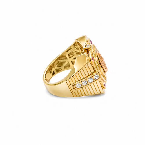 14KT Gold Ring Men's Two Tone Square Raised Virgin Mary with Sunray Background and Single Row White CZ Stone Border Corner Design One Red/Pink CZ Stone Band Design Four White CZ Stones Plain Border Stripe Etched Background