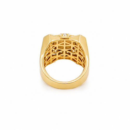 14KT Gold Ring Men's Two Tone Square Raised Virgin Mary with Sunray Background and Single Row White CZ Stone Border Corner Design One Red/Pink CZ Stone Band Design Four White CZ Stones Plain Border Stripe Etched Background