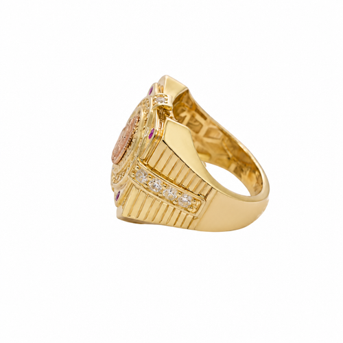 14KT Gold Ring Men's Two Tone Square Raised Virgin Mary with Sunray Background and Single Row White CZ Stone Border Corner Design One Red/Pink CZ Stone Band Design Four White CZ Stones Plain Border Stripe Etched Background
