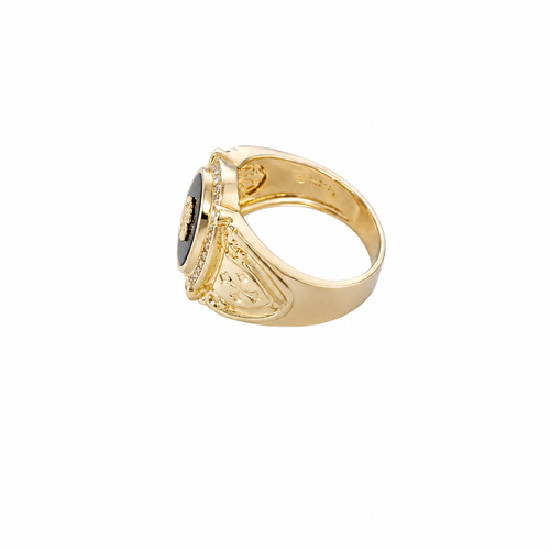 14KT Gold Ring Men's Oval Onyx Gold Raised Dollar Sign with White CZ Stones Border Side Design Chrome Style Cross on Shield