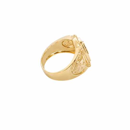 14KT Gold Ring Men's Oval Onyx Gold Raised Dollar Sign with White CZ Stones Border Side Design Chrome Style Cross on Shield
