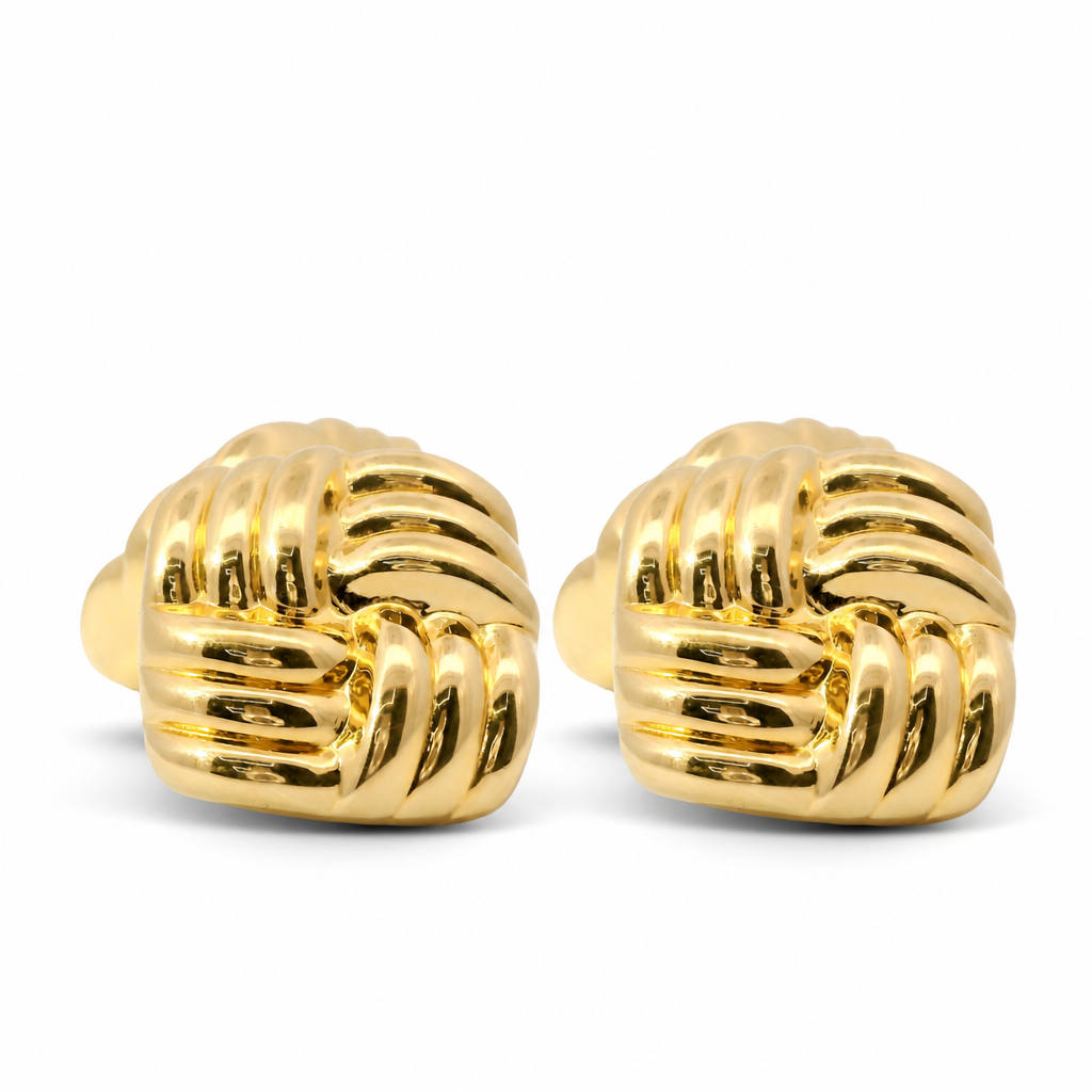 14KT Gold Earrings Large Puff Square Ribbed Bread with Push Back Post and Butterfly Backs