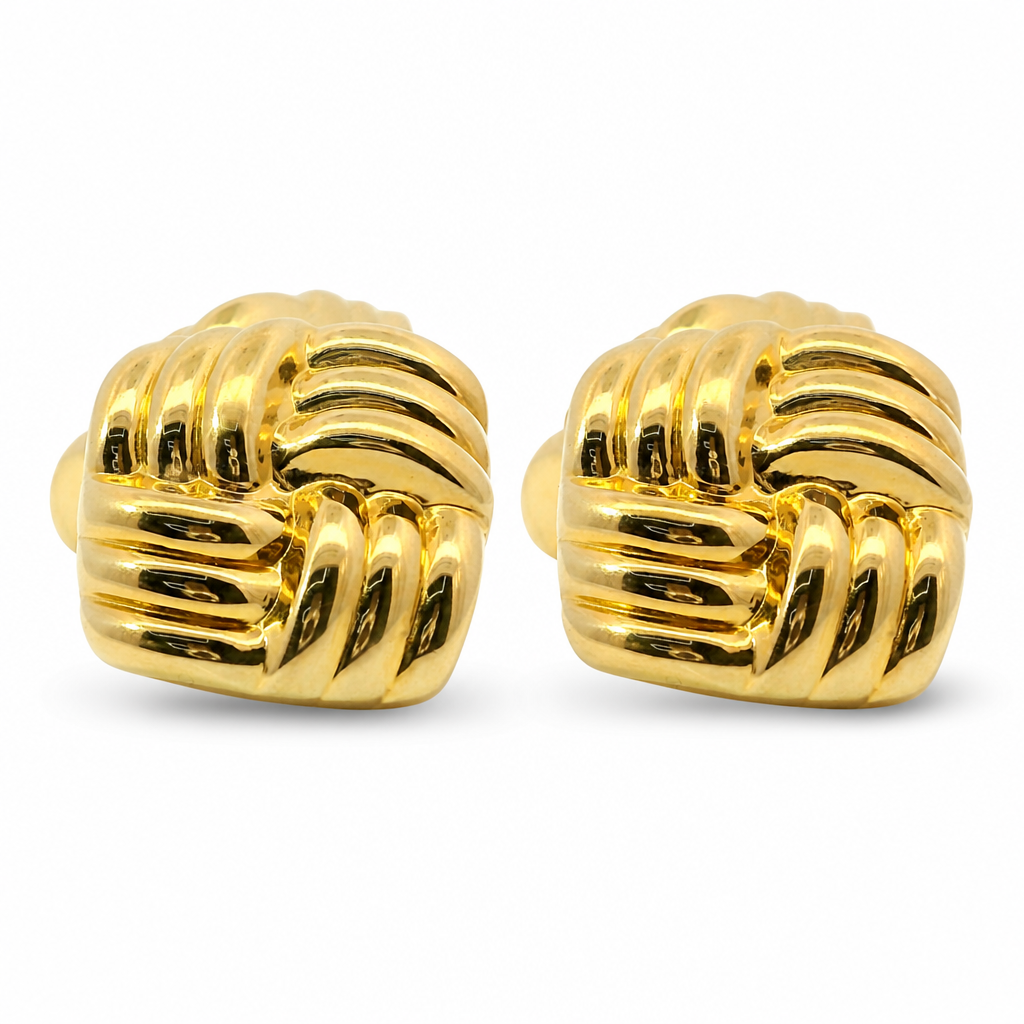 14KT Gold Earrings Large Puff Square Ribbed Bread with Push Back Post and Butterfly Backs