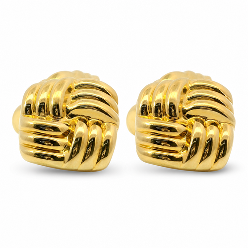 14KT Gold Earrings Large Puff Square Ribbed Bread with Push Back Post and Butterfly Backs
