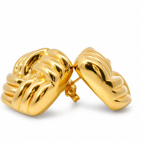 14KT Gold Earrings Large Puff Square Ribbed Bread with Push Back Post and Butterfly Backs