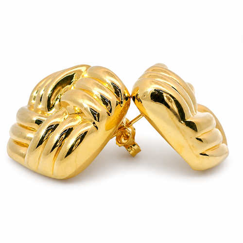 14KT Gold Earrings Large Puff Square Ribbed Bread with Push Back Post and Butterfly Backs