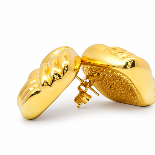14KT Gold Earrings Large Puff Square Ribbed Bread with Push Back Post and Butterfly Backs