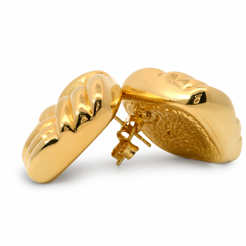 14KT Gold Earrings Large Puff Square Ribbed Bread with Push Back Post and Butterfly Backs
