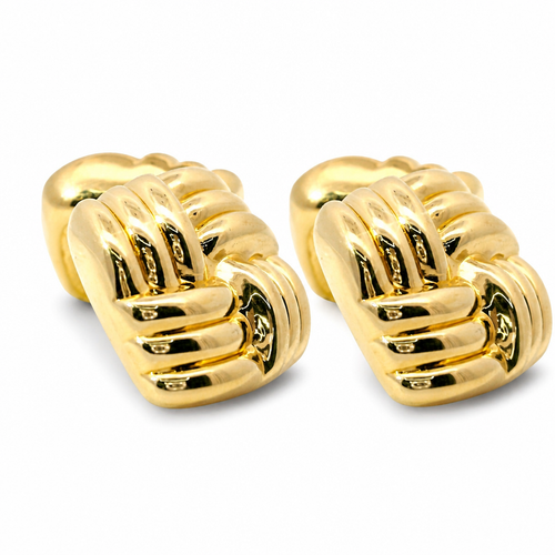 14KT Gold Earrings Large Puff Square Ribbed Bread with Push Back Post and Butterfly Backs