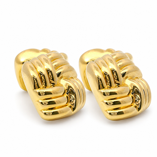 14KT Gold Earrings Large Puff Square Ribbed Bread with Push Back Post and Butterfly Backs