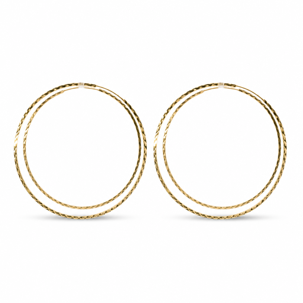 14KT Gold Earrings Flat Diamond Cut Hoops 2.5 Inch 1mm