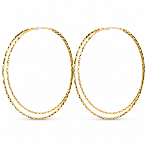 14KT Gold Earrings Flat Diamond Cut Hoops 2.5 Inch 1mm