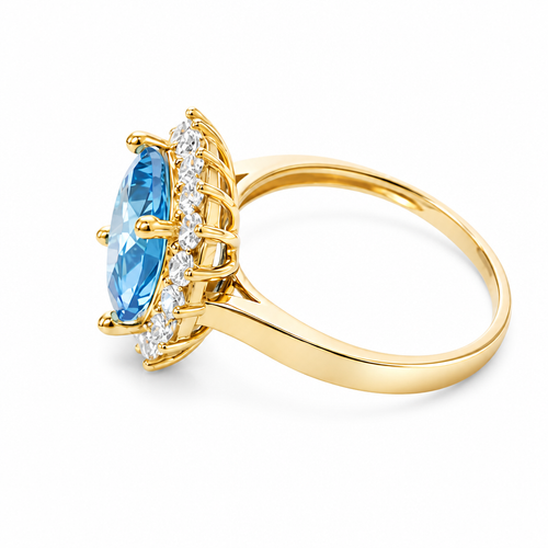 14KT Gold Ring Women's Square Jumbo Turquoise Center CZ Stone with Round White CZ Stones Border and Plain Band