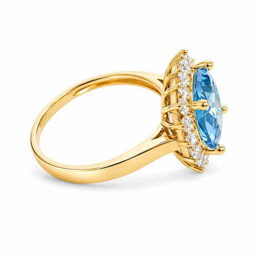 14KT Gold Ring Women's Square Jumbo Turquoise Center CZ Stone with Round White CZ Stones Border and Plain Band
