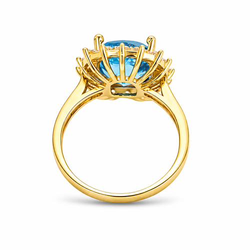 14KT Gold Ring Women's Square Jumbo Turquoise Center CZ Stone with Round White CZ Stones Border and Plain Band