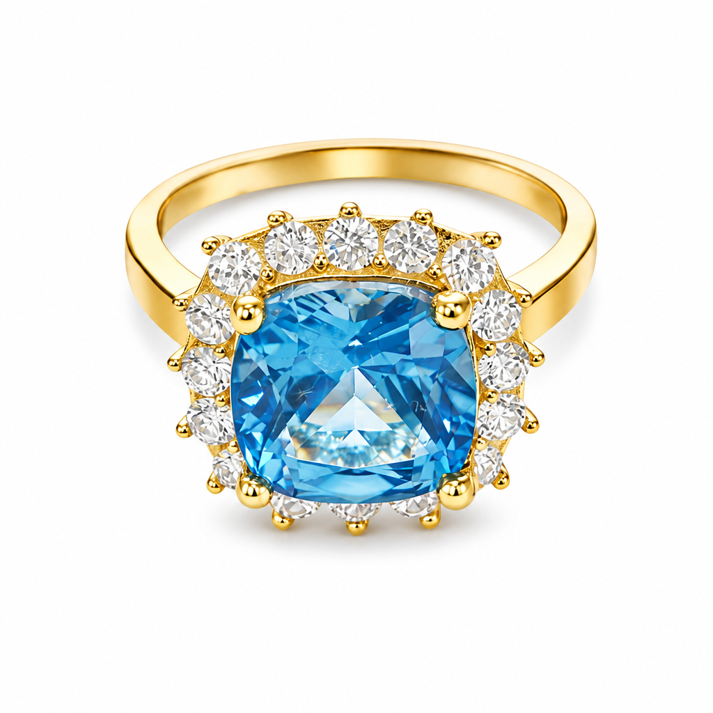 14KT Gold Ring Women's Square Jumbo Turquoise Center CZ Stone with Round White CZ Stones Border and Plain Band