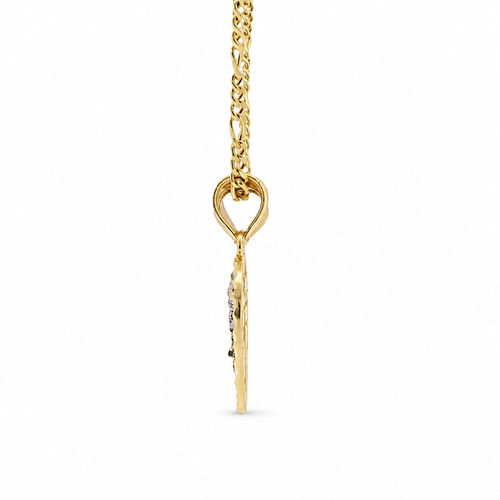 14KT Gold Charm Small Two Tone "Te Amo" Broken Heart with Right Jesus Crucifix and Left Virgin Mary Diamond Cut Border and Double Plain Bell