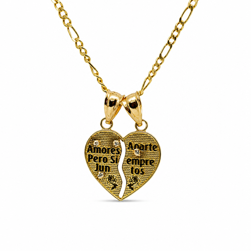 14KT Gold Charm Small Two Tone "Te Amo" Broken Heart with Right Jesus Crucifix and Left Virgin Mary Diamond Cut Border and Double Plain Bell
