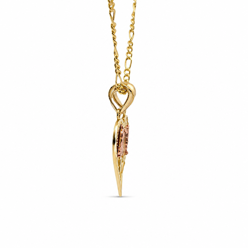 14KT Gold Charm Small Two Tone "Te Amo" Broken Heart with Right Jesus Crucifix and Left Virgin Mary Diamond Cut Border and Double Plain Bell