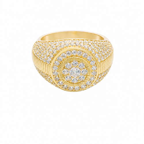 14KT Gold Ring Men's Round Double Platform Cluster Eight White CZ Stones Center with Plain Platform Ribbed Frame Side Design Pave Galaxy Formation White CZ Stones with Plain Ladder Print on Band