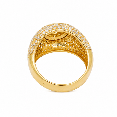 14KT Gold Ring Men's Round Double Platform Cluster Eight White CZ Stones Center with Plain Platform Ribbed Frame Side Design Pave Galaxy Formation White CZ Stones with Plain Ladder Print on Band