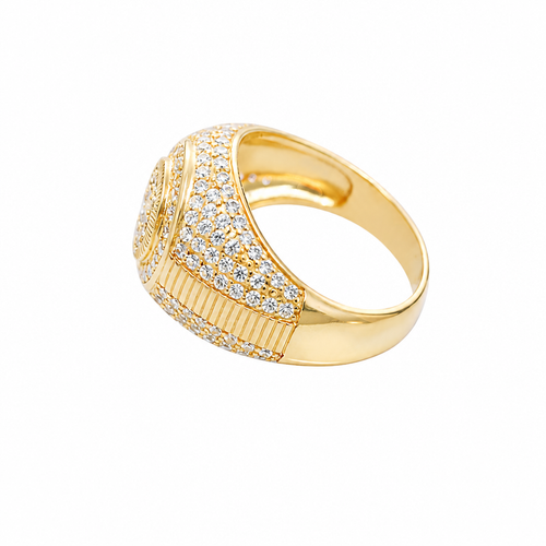 14KT Gold Ring Men's Round Double Platform Cluster Eight White CZ Stones Center with Plain Platform Ribbed Frame Side Design Pave Galaxy Formation White CZ Stones with Plain Ladder Print on Band