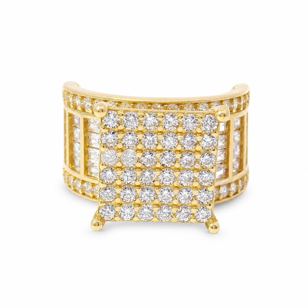 14KT Gold Ring Women's Square Four Prong Six Row White CZ Stones Cluster with Four Sections of Four CZ Baguettes with Round White CZ Stones Border Band