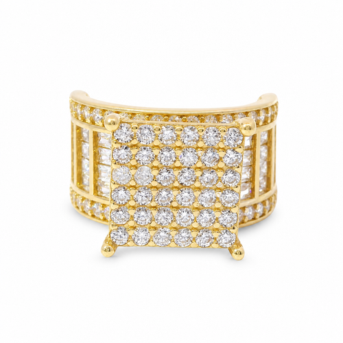 14KT Gold Ring Women's Square Four Prong Six Row White CZ Stones Cluster with Four Sections of Four CZ Baguettes with Round White CZ Stones Border Band