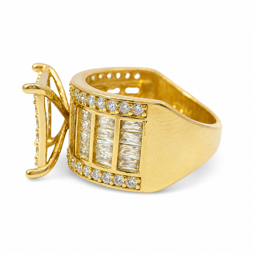 14KT Gold Ring Women's Square Four Prong Six Row White CZ Stones Cluster with Four Sections of Four CZ Baguettes with Round White CZ Stones Border Band