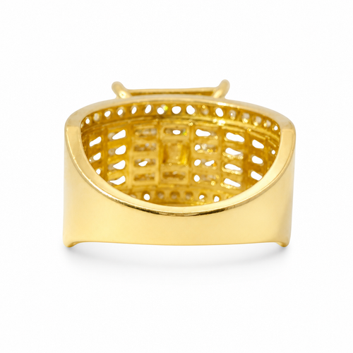 14KT Gold Ring Women's Square Four Prong Six Row White CZ Stones Cluster with Four Sections of Four CZ Baguettes with Round White CZ Stones Border Band
