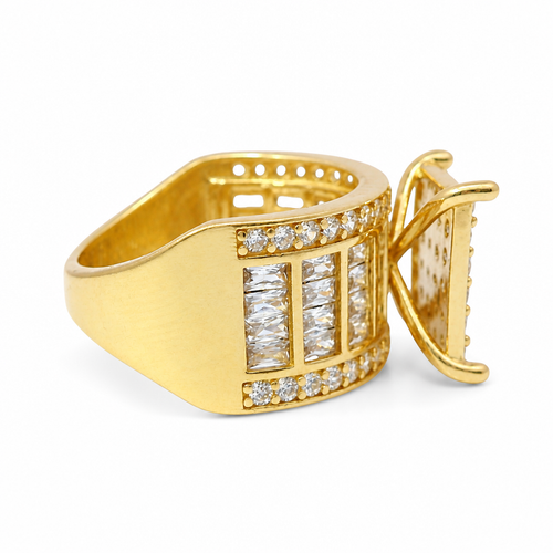 14KT Gold Ring Women's Square Four Prong Six Row White CZ Stones Cluster with Four Sections of Four CZ Baguettes with Round White CZ Stones Border Band