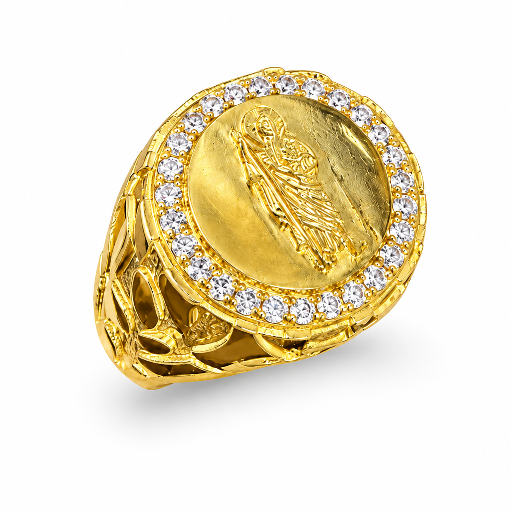 14KT Gold Ring Men's Round St Jude Center with Plain Background, White CZ Stones Border and Nugget Band
