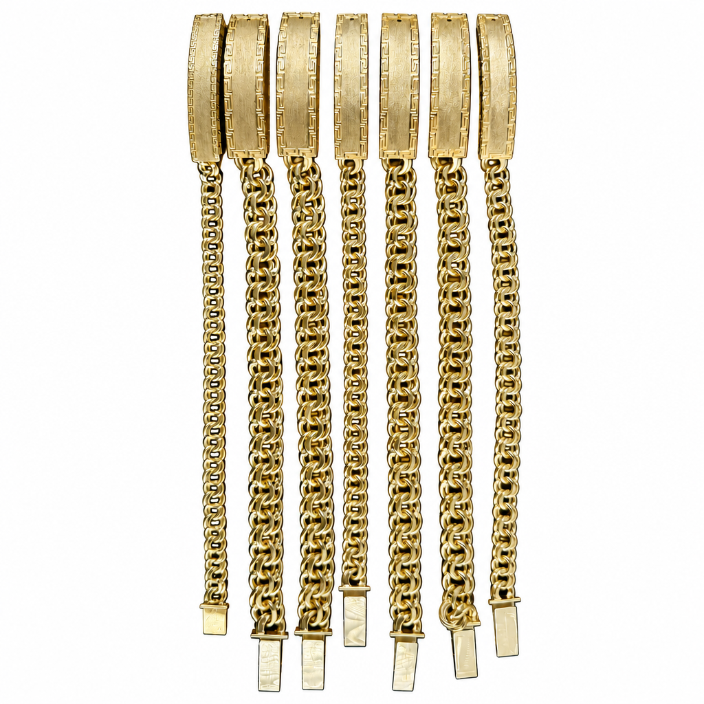 14KT Gold Bracelet Hollow Chino Band with Greek Border Name Plate 8.5mm