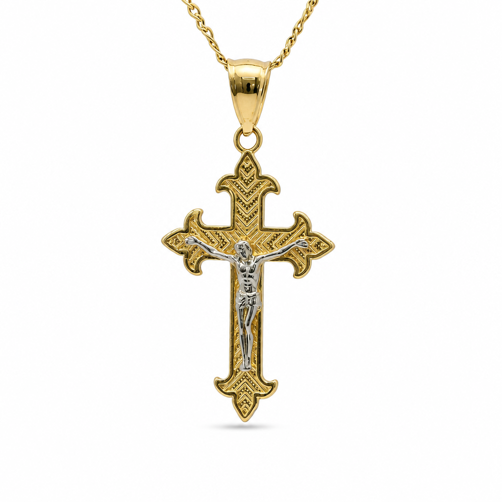 14KT Gold Charm Medium Two Tone Stripe Center Dagger Flare Ends Crucifix Cross with Plain Bell