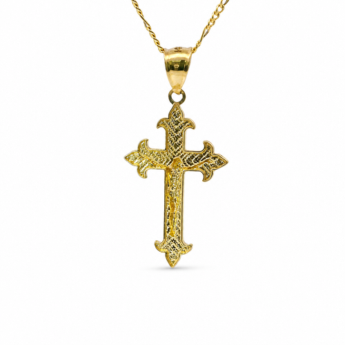 14KT Gold Charm Medium Two Tone Stripe Center Dagger Flare Ends Crucifix Cross with Plain Bell