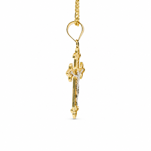 14KT Gold Charm Medium Two Tone Stripe Center Dagger Flare Ends Crucifix Cross with Plain Bell