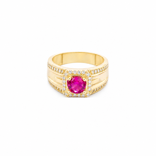 14KT Gold Ring Men's Square Red Round CZ 14KT Gold Men's Ring Square Red Round CZ Center Stone White CZ Stone Border Side Design White CZ Stones Plain Stone White CZ Stone Border Side Design White CZ Stones Plain